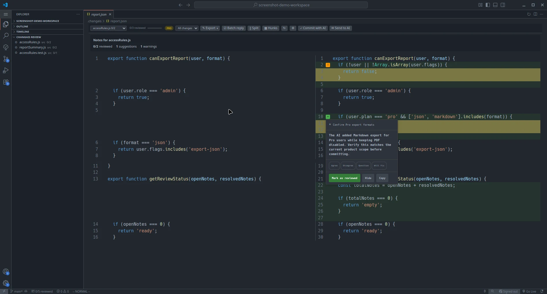changAIs review in progress with an AI note attached to a changed line