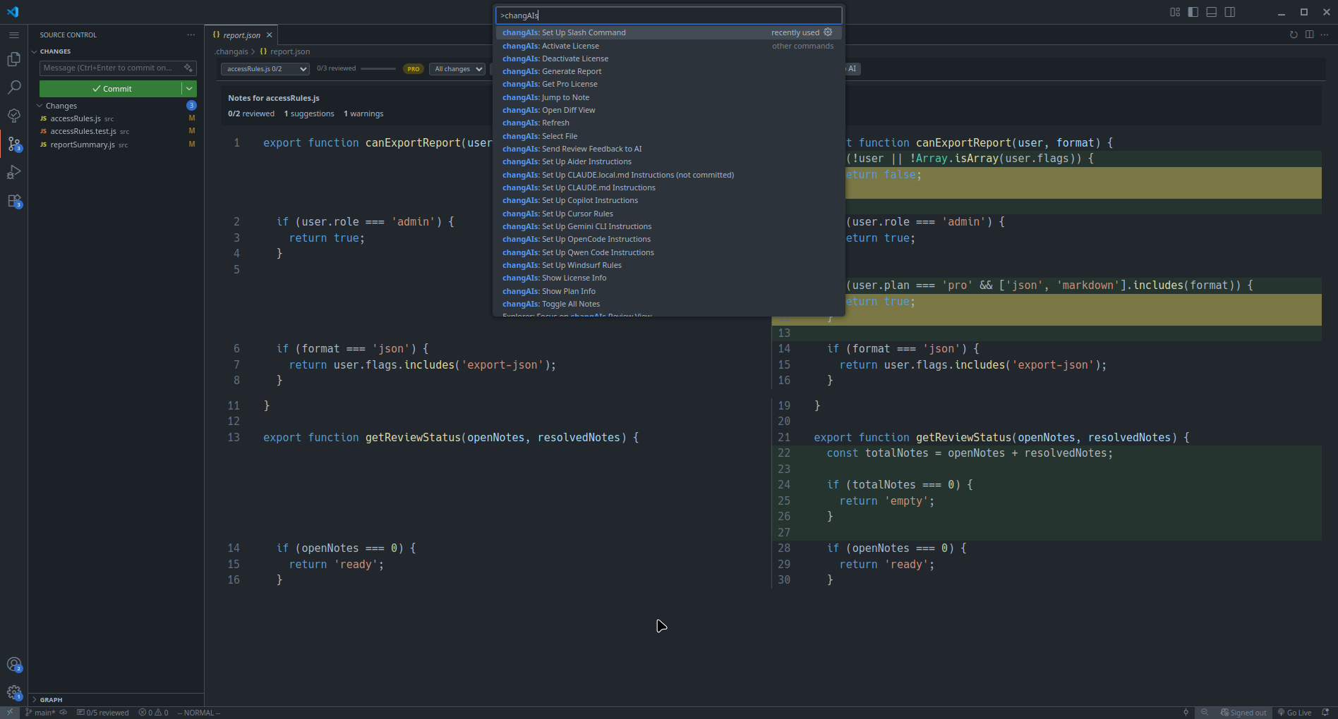 VS Code Command Palette filtered to changAIs commands