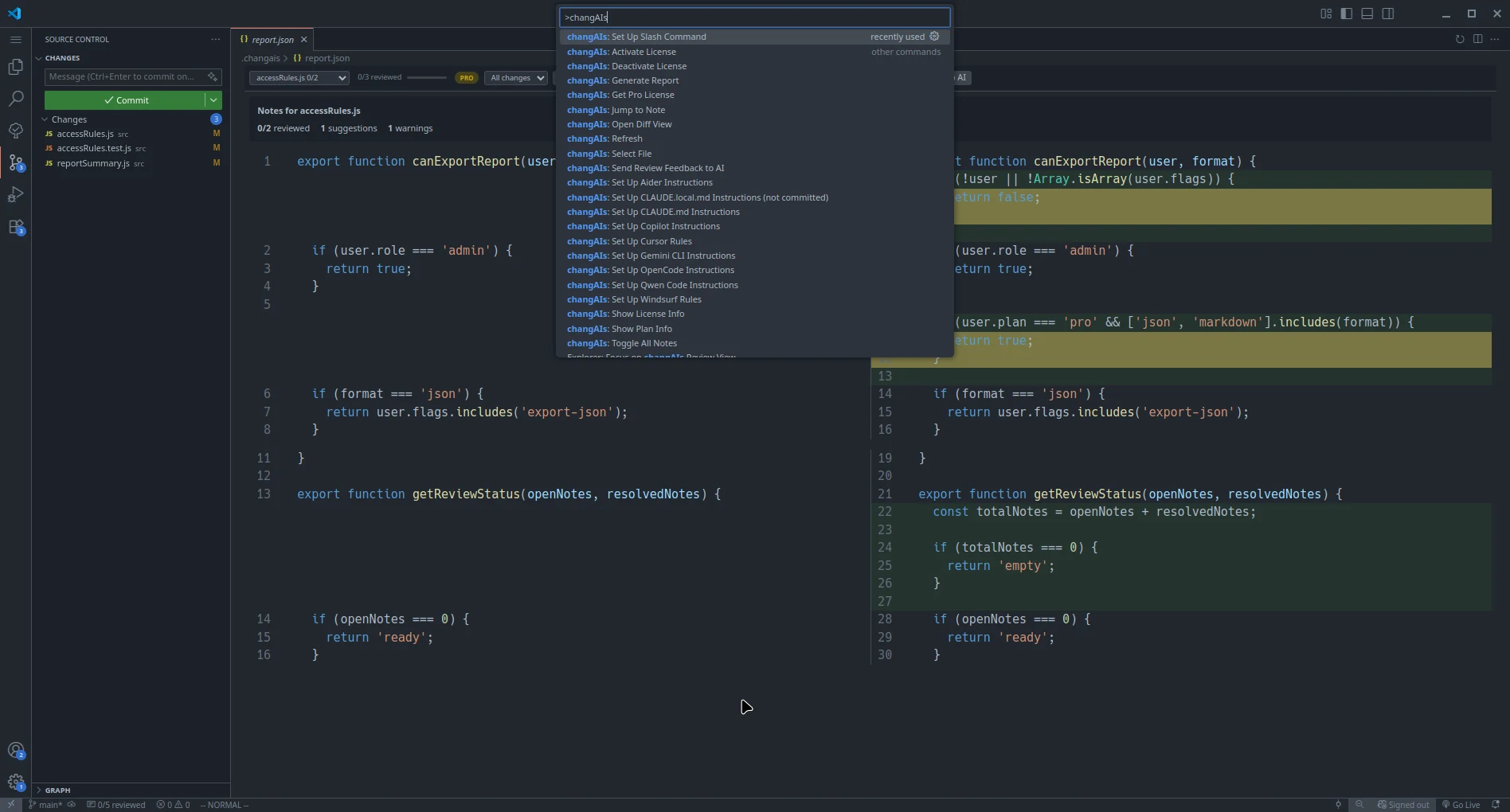 VS Code Command Palette filtered to changAIs commands