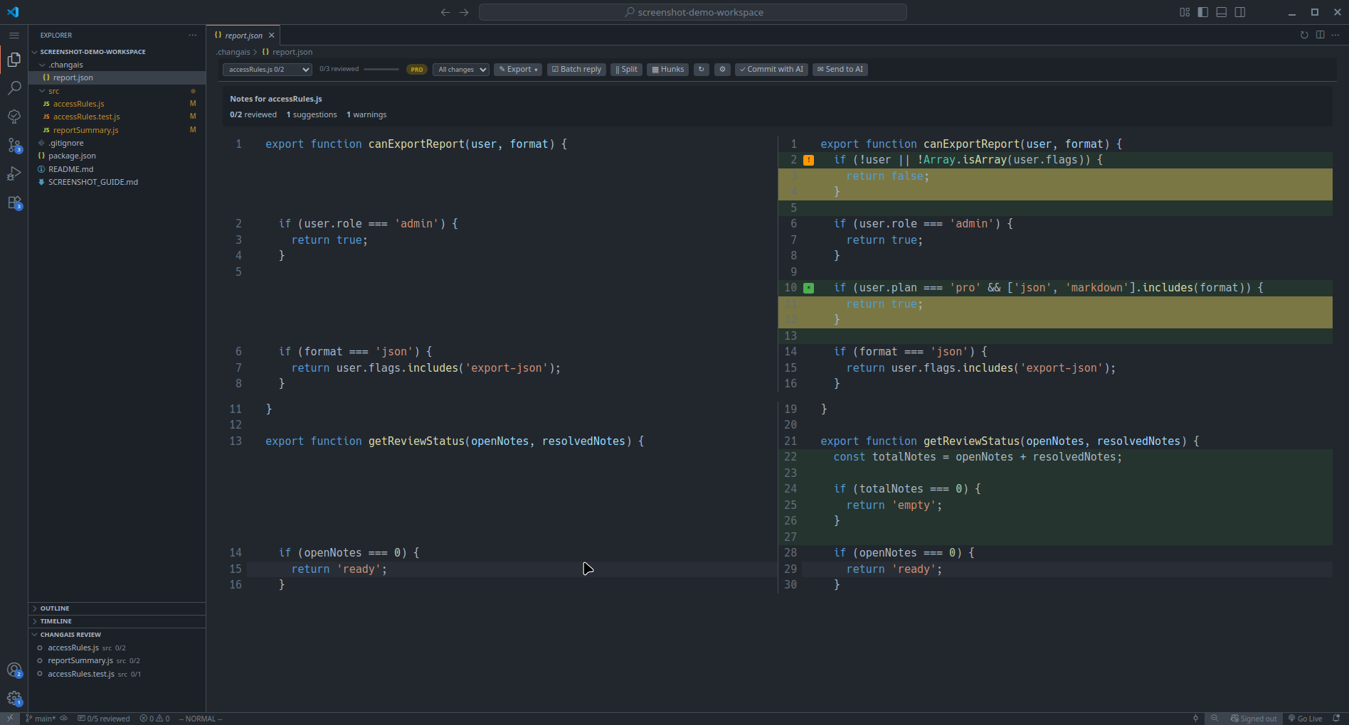 changAIs review overview showing changed files, a side-by-side diff, and AI notes pinned to code