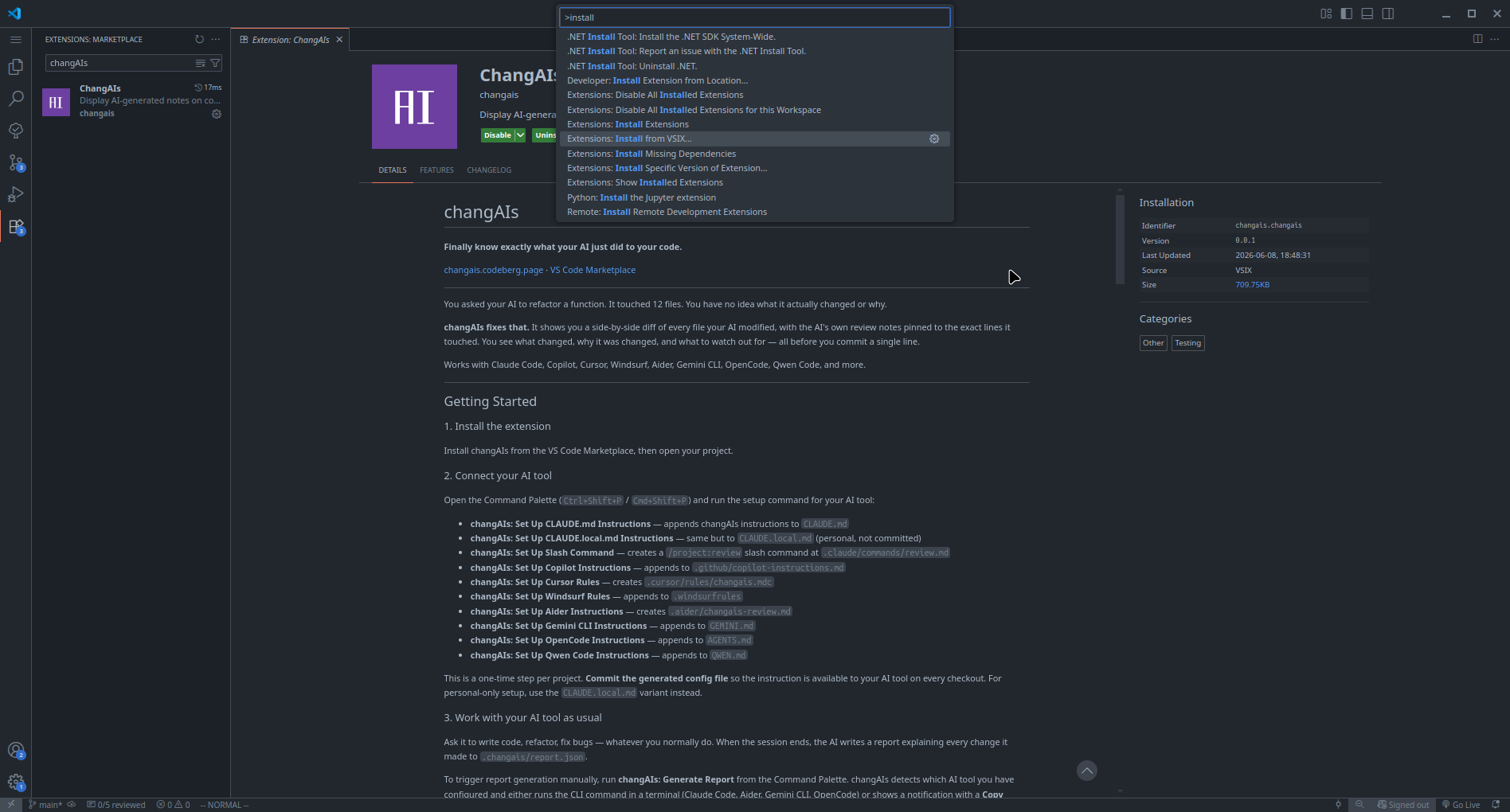 VS Code Command Palette with Extensions: Install from VSIX selected