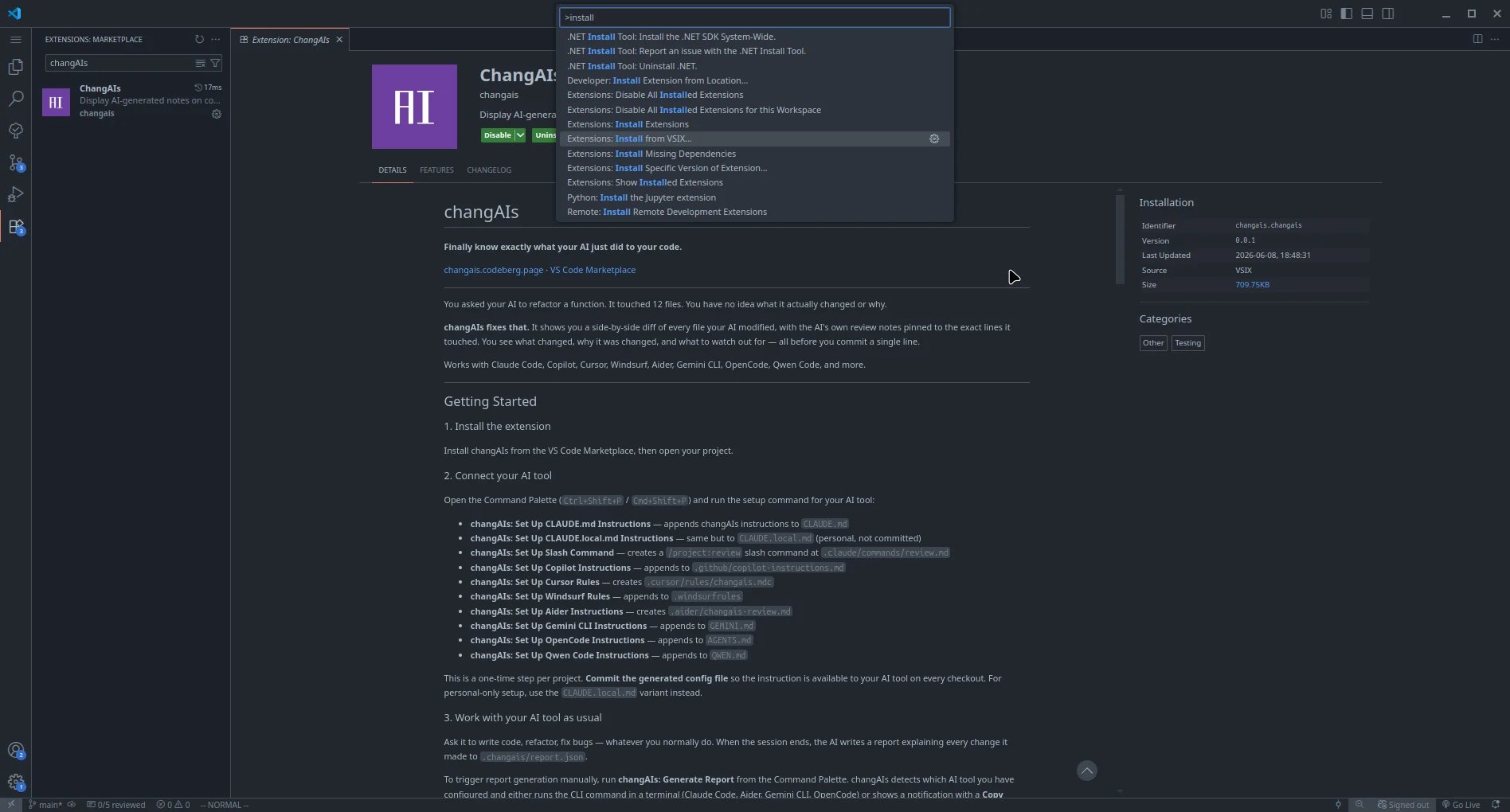 VS Code Command Palette with Extensions: Install from VSIX selected