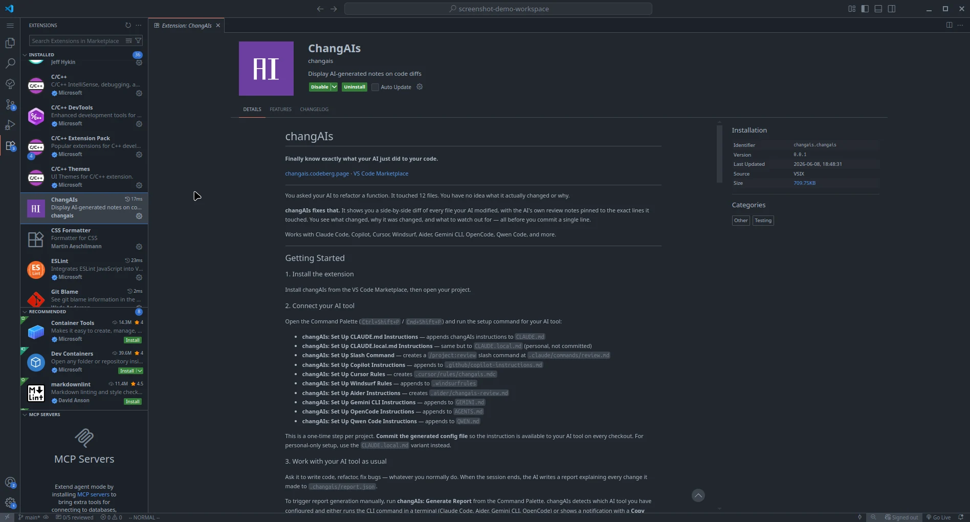 VS Code Extensions view showing changAIs installed and enabled