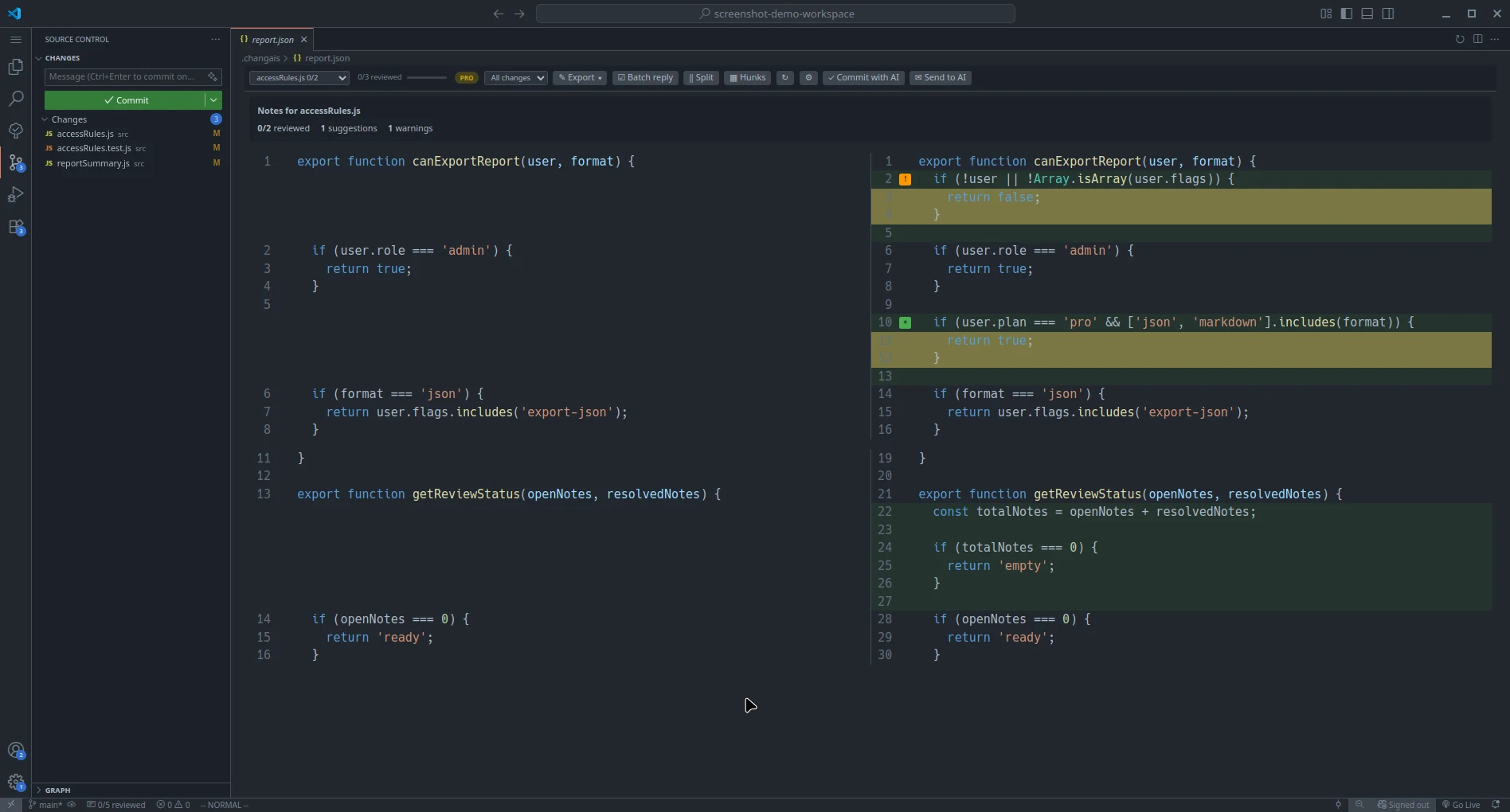 VS Code Source Control showing three changed files in a demo project