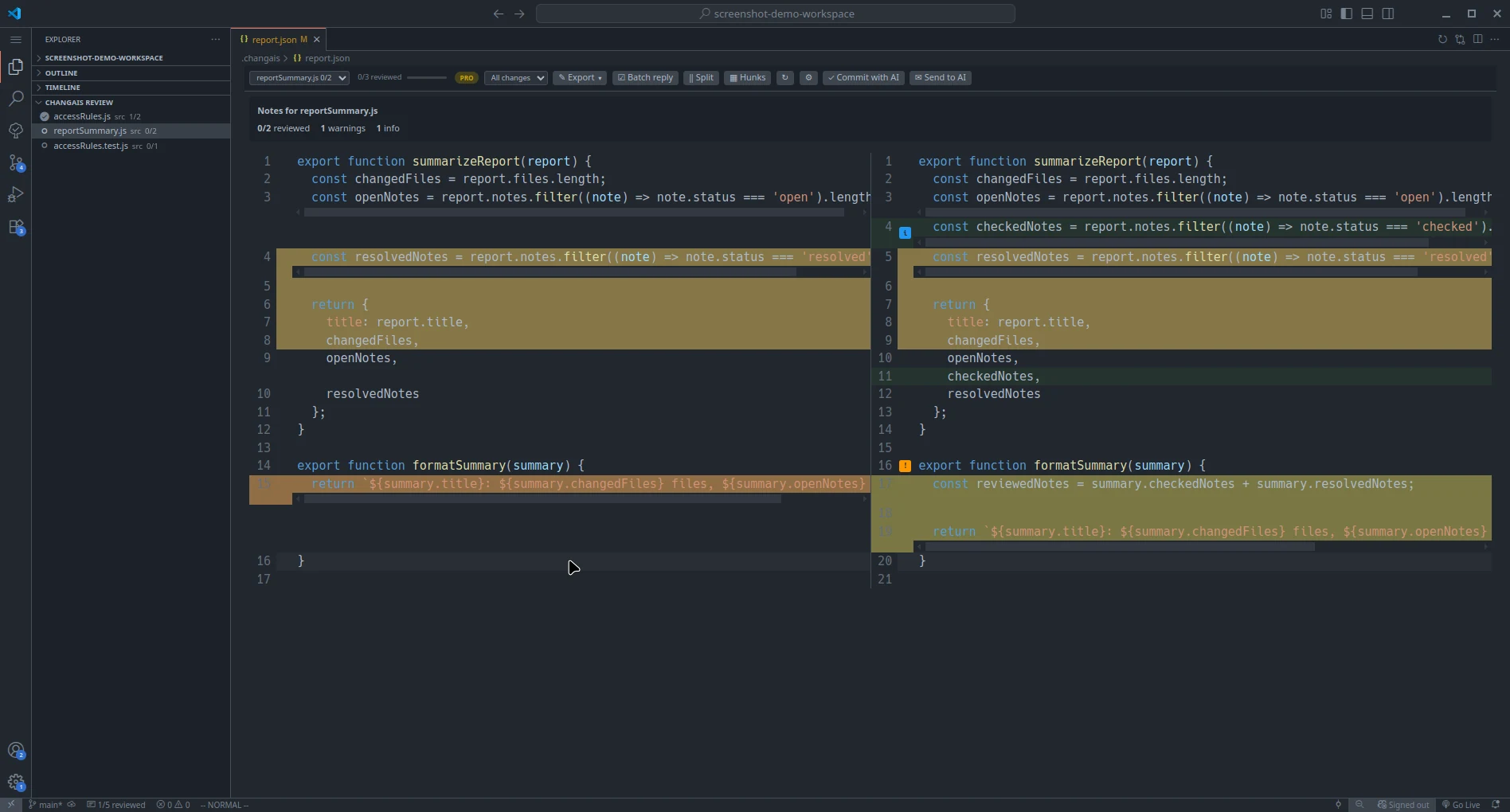 Side-by-side changAIs diff for reportSummary.js with changed lines highlighted