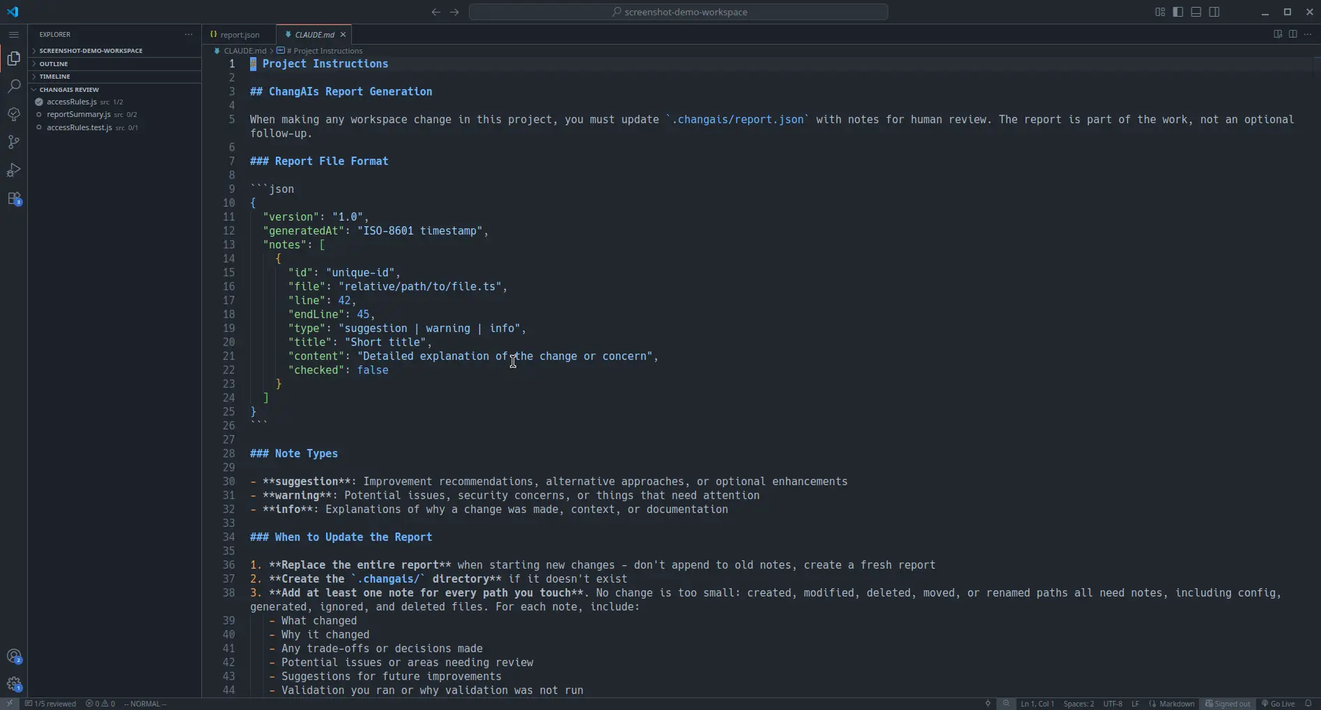 CLAUDE.md opened after changAIs added report-generation instructions