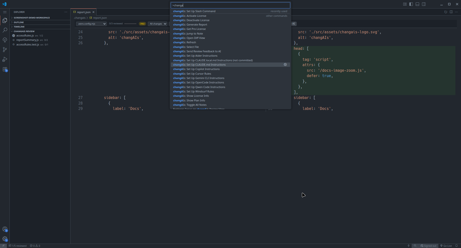 VS Code Command Palette showing changAIs setup commands