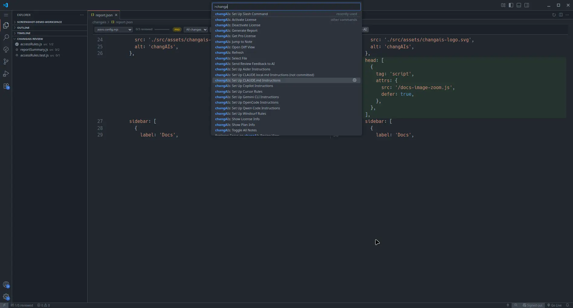 VS Code Command Palette showing changAIs setup commands