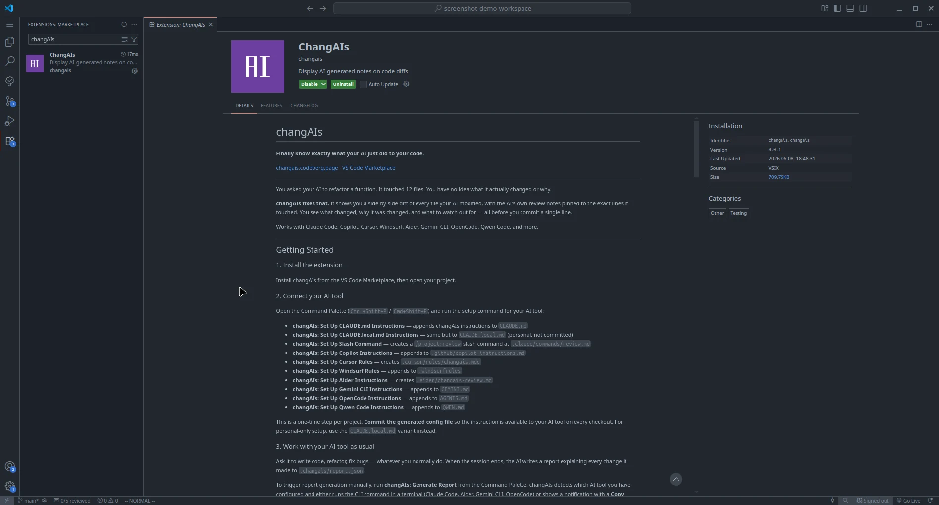 VS Code extension details page showing changAIs installed from VSIX
